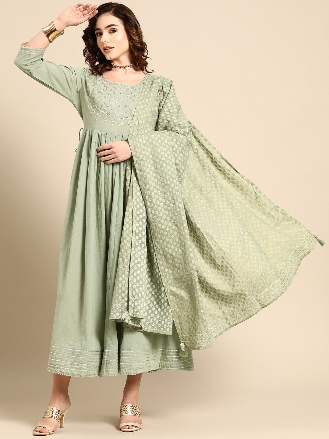 

Sangria Green Pure Cotton Embroidered Ethnic Maxi Dress with Dupatta