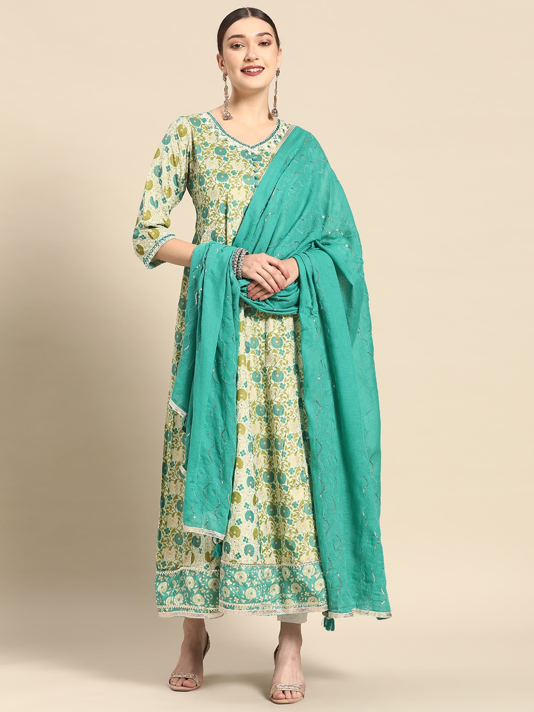 

Sangria Women Turquoise Blue Floral Printed Mirror Work Kurta With Dupatta