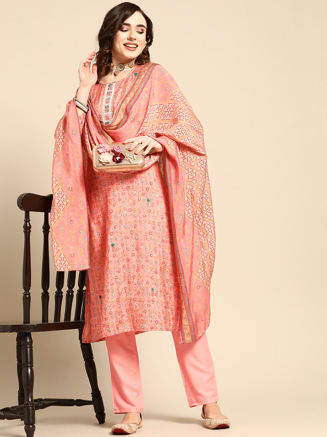 

Sangria Women Peach-Coloured Ethnic Motifs Printed Chanderi Silk Kurta with Trousers & With Dupatta