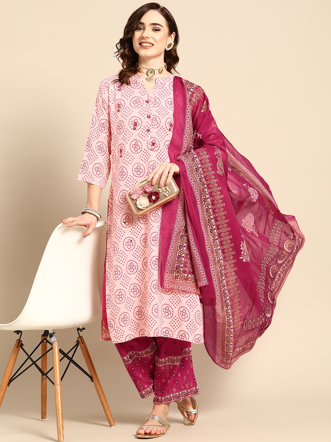 

Sangria Women Pink Bandhani Printed Kurta with Palazzos & With Dupatta