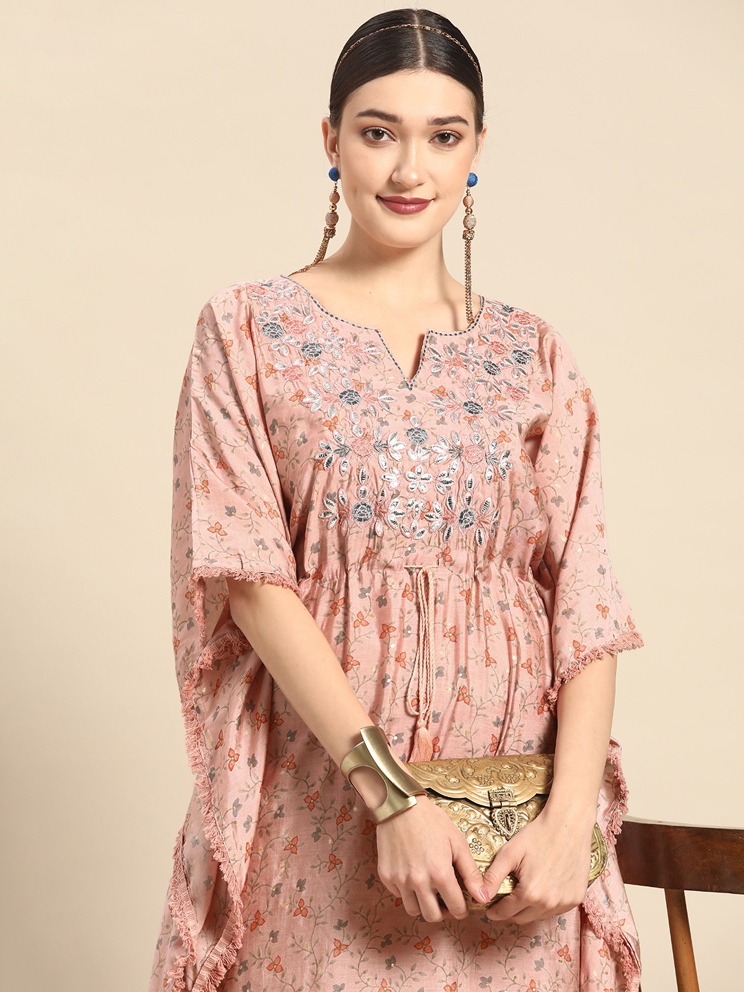 

Sangria Women Pink Ethnic Motifs Printed Thread Work Pure Cotton Kaftan Kurta Set