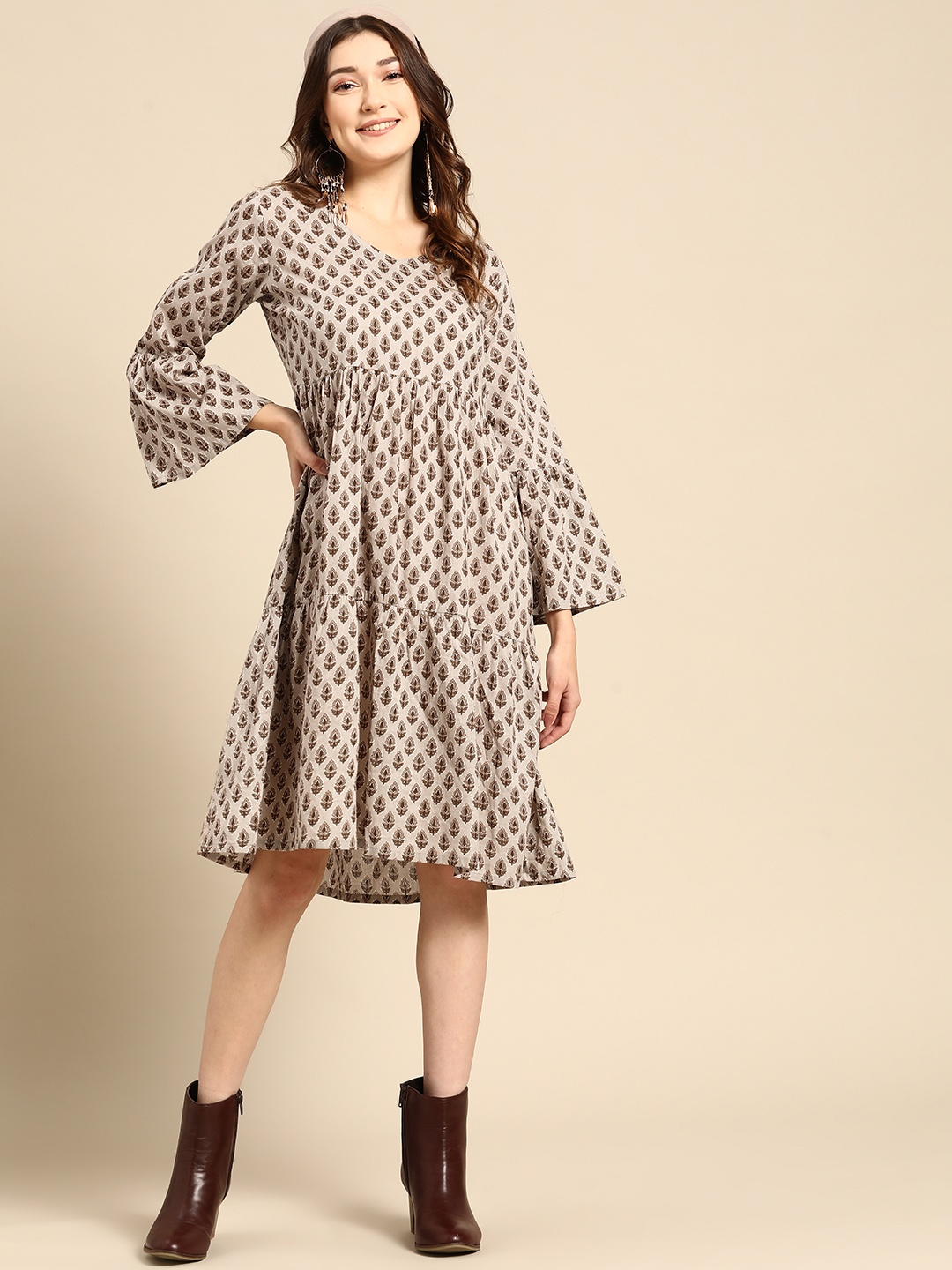 

Sangria Grey & Brown Cotton Printed Ethnic A-Line Dress