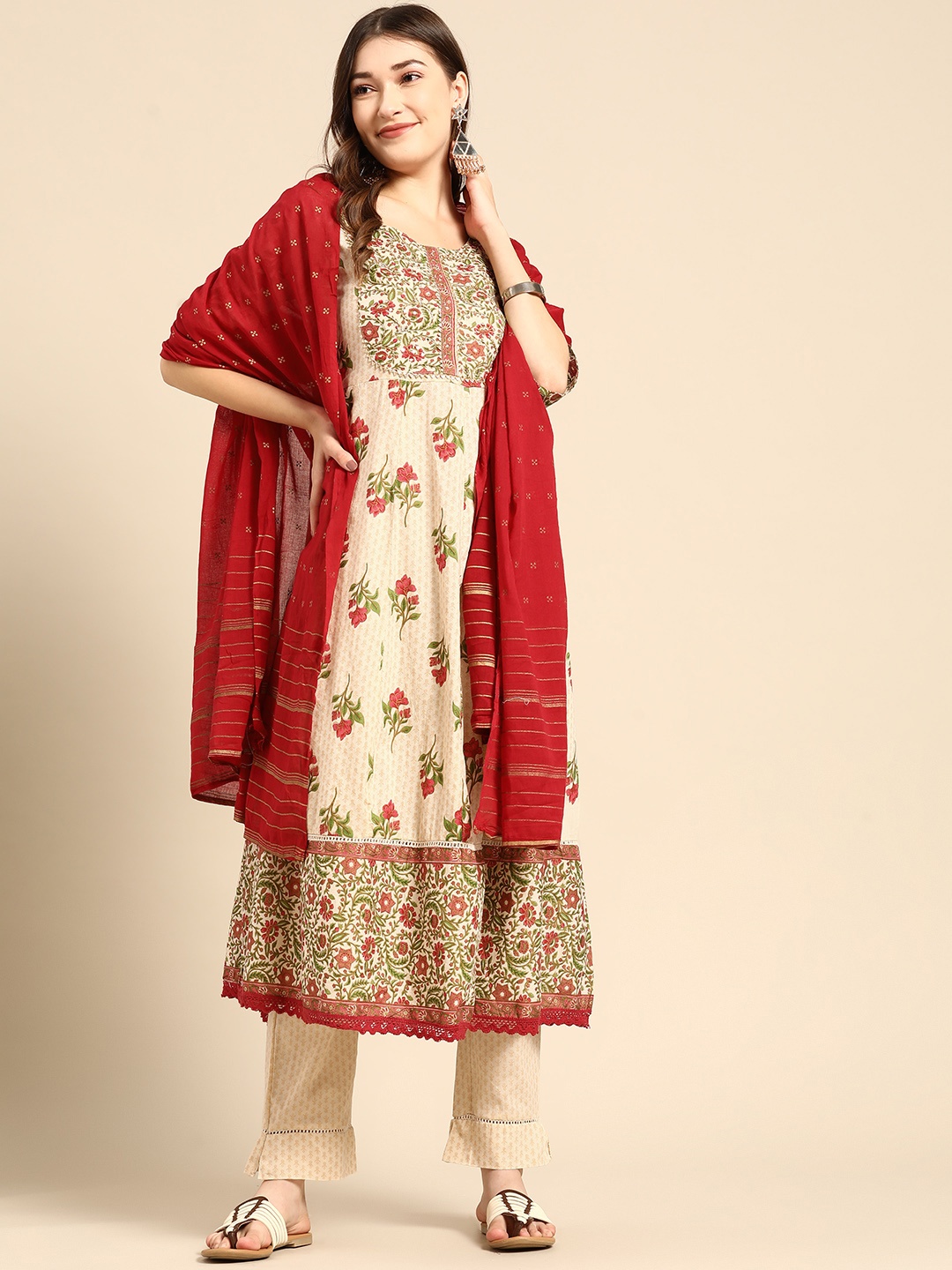 

Sangria Women Beige Ethnic Motifs Printed Pure Cotton Kurta with Trousers & With Dupatta