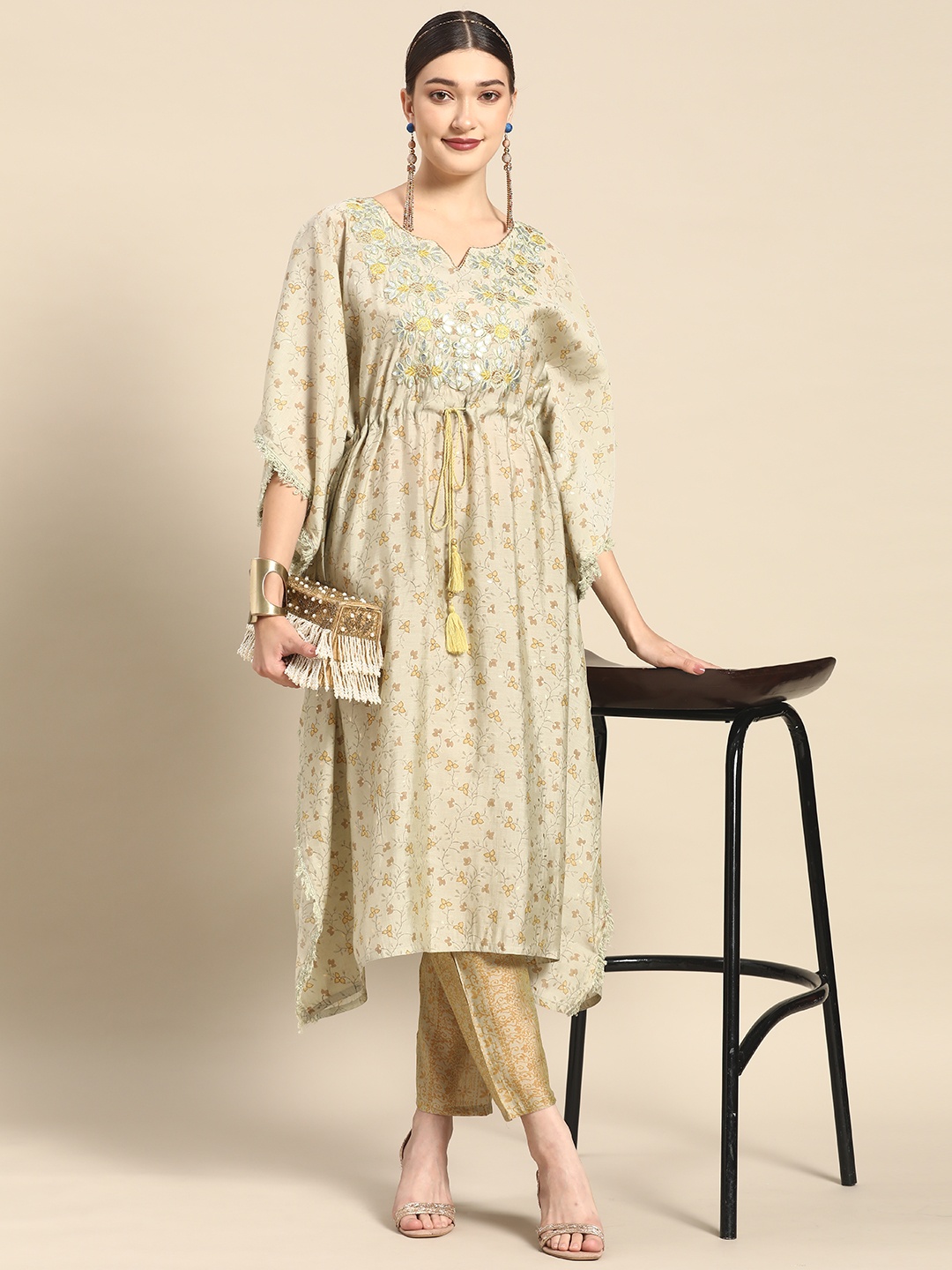 

Sangria Women Olive Green Ethnic Motifs Printed Thread Work Pure Cotton Kurta with Trousers