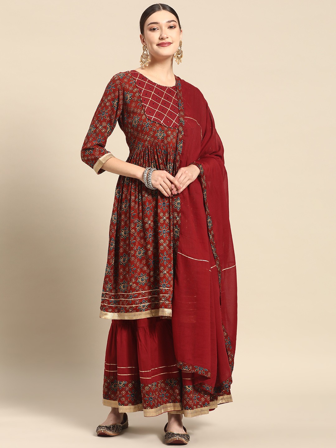 

Sangria Women Maroon Ethnic Motifs Printed Gotta Patti Kurta with Sharara & With Dupatta