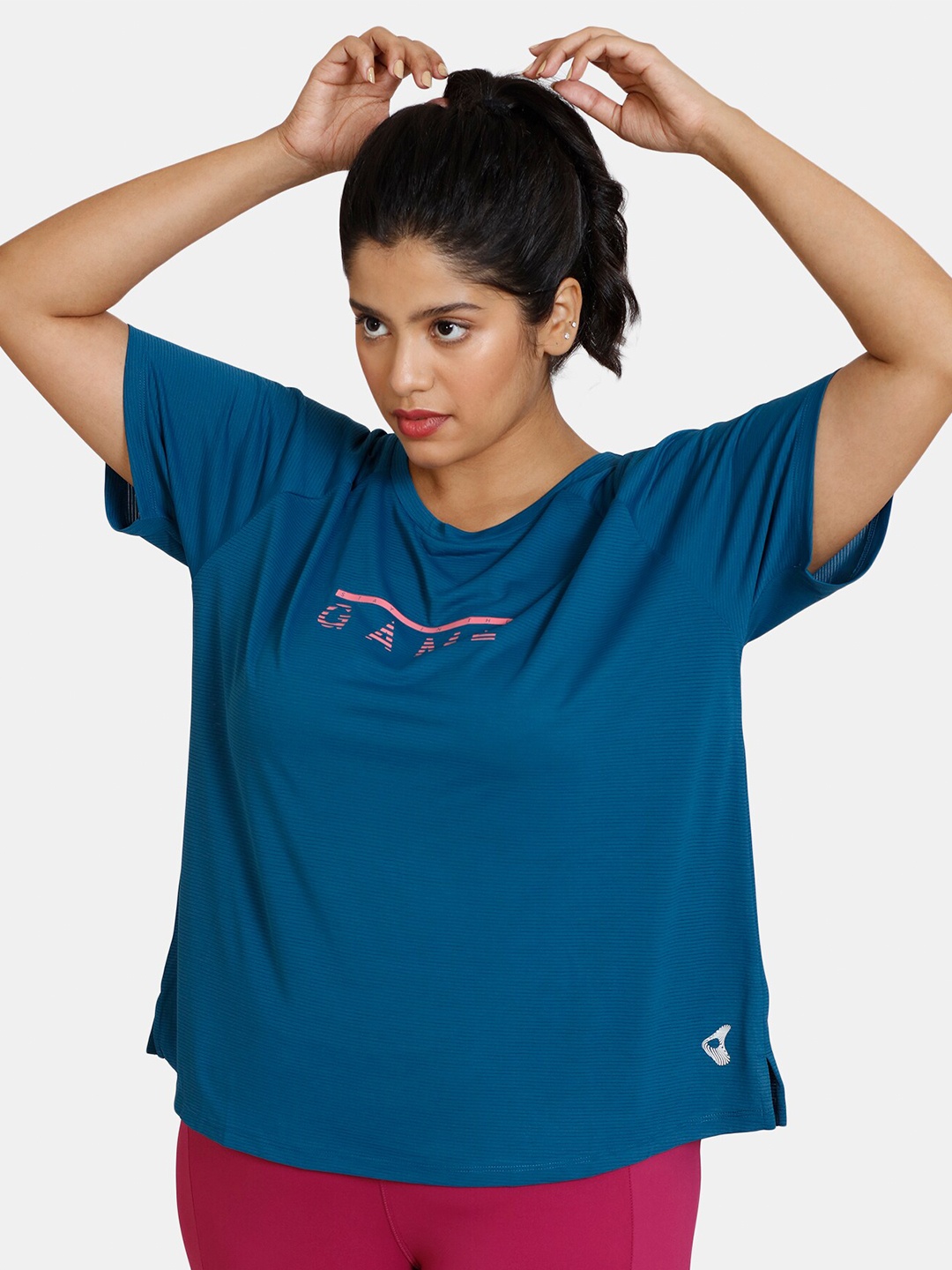 

Zelocity by Zivame Women Blue & Pink Typography Printed Cotton Sports T-shirt