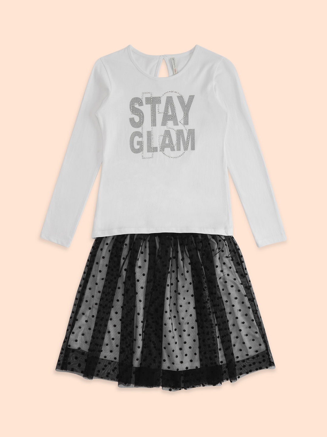 

Pantaloons Junior Girls White & Black Printed Pure Cotton T-Shirt with Skirt