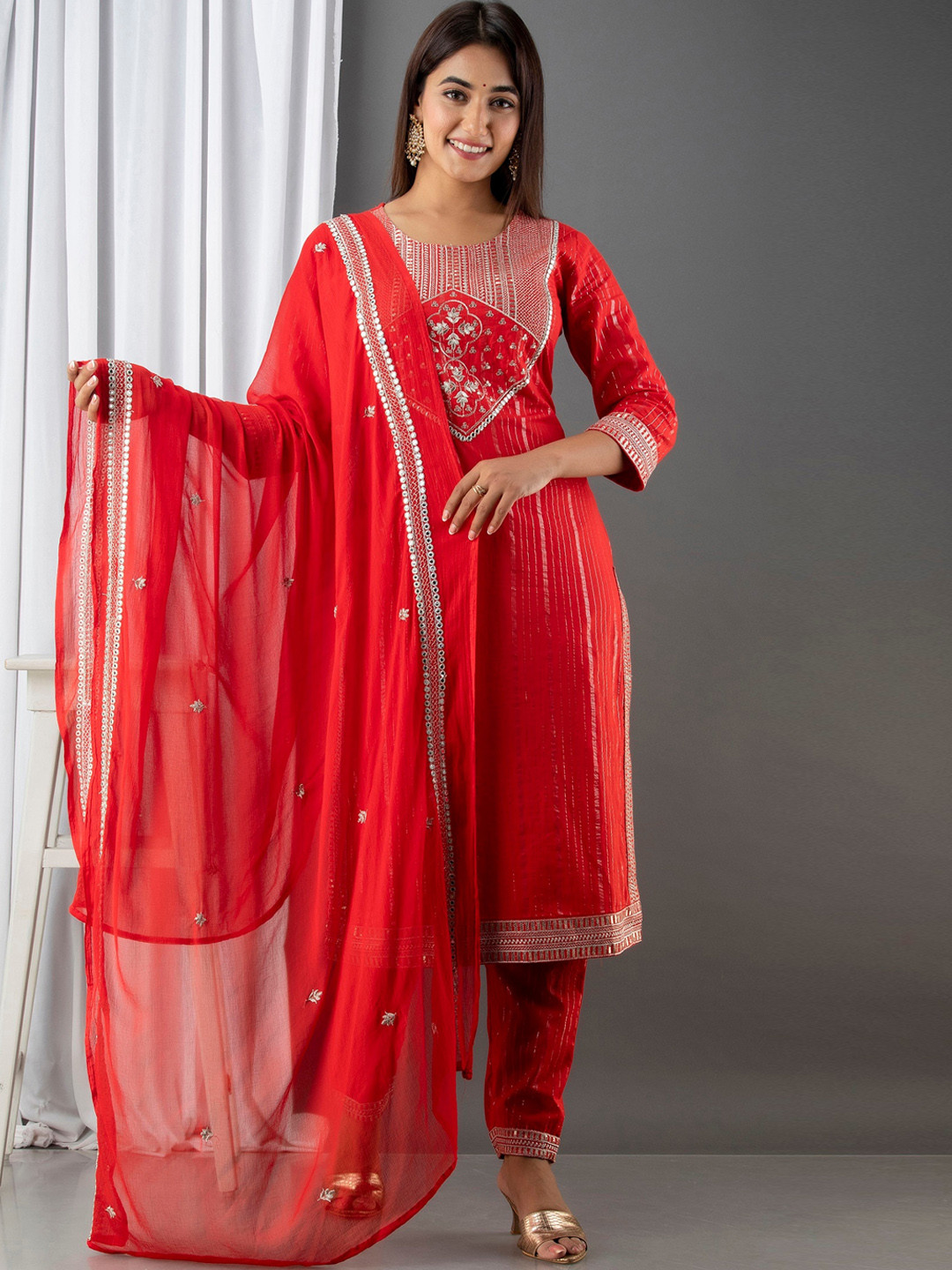 

Kesarya Women Red & Gold Embroidered Cotton Straight Kurta with Trousers & With Dupatta