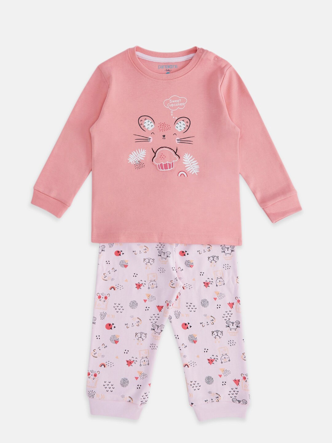 

Pantaloons Baby Girls Peach-Coloured & Pink Pure Cotton Printed T-shirt with Pyjamas