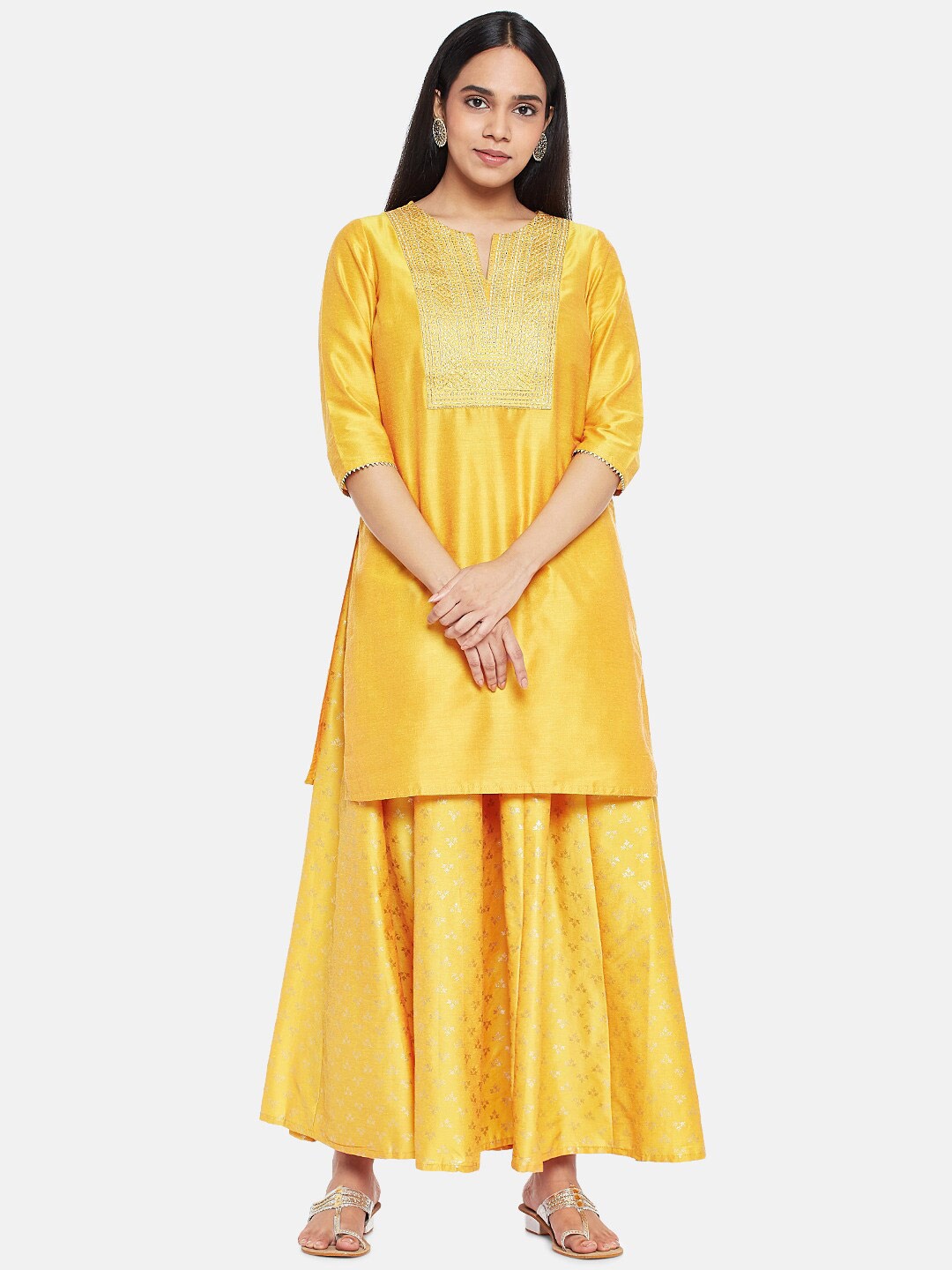 

RANGMANCH BY PANTALOONS Women Yellow Floral Yoke Design Gotta Patti Kurta with Skirt