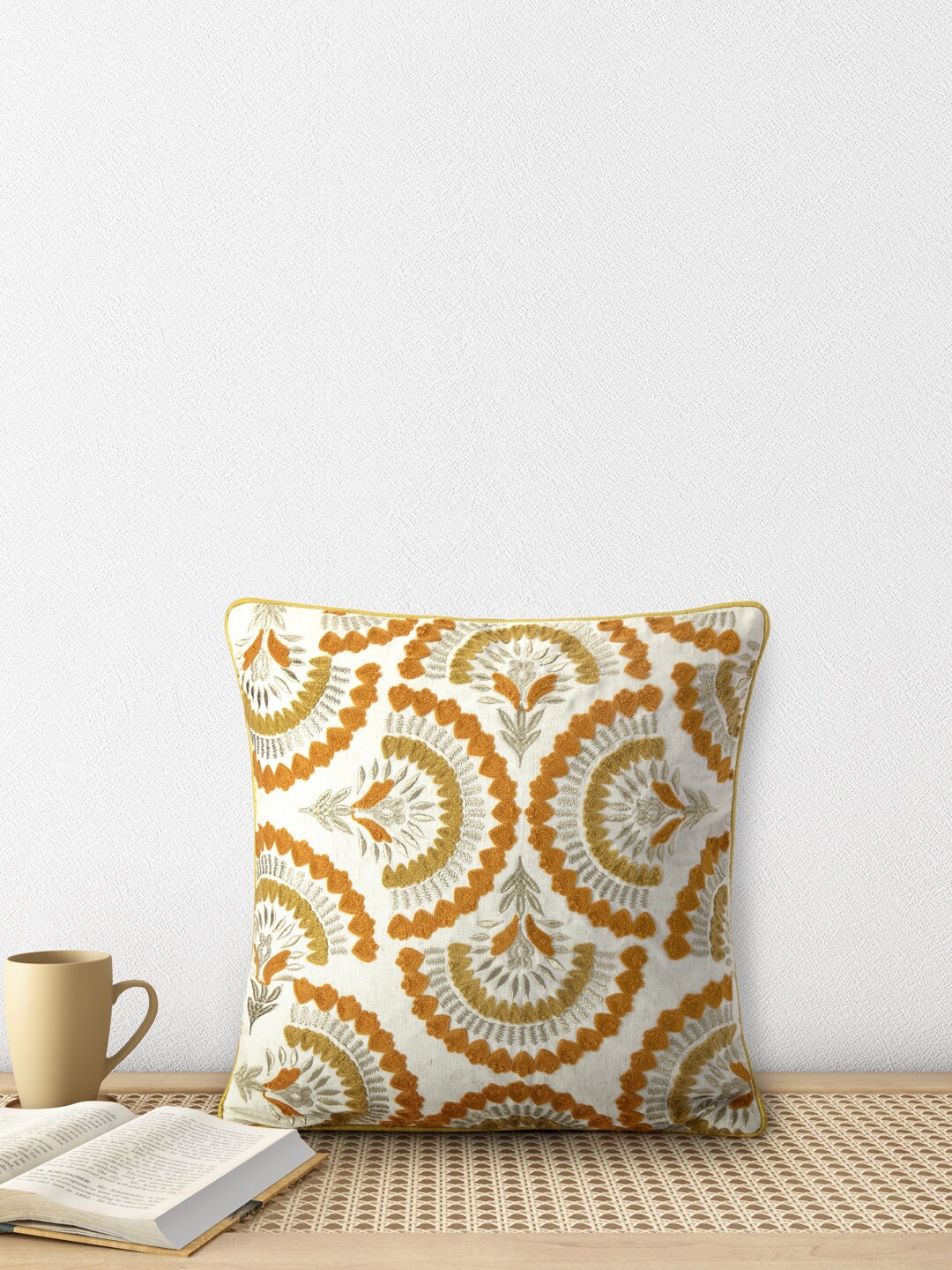 

Living scapes by Pantaloons White & Rust Embroidered Square Cushion Covers