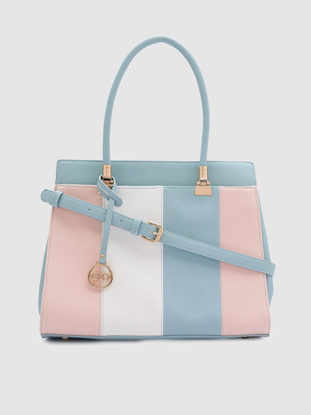 

Globus Blue Colourblocked Structured Handheld Bag with Bow Detail