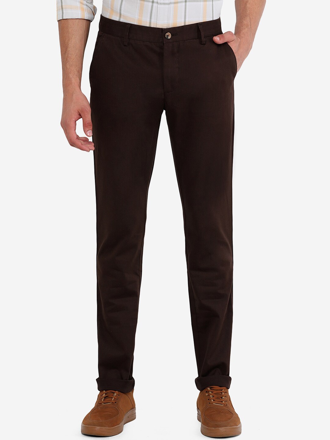 

Greenfibre Men Brown Solid Cotton Slim Fit Trousers