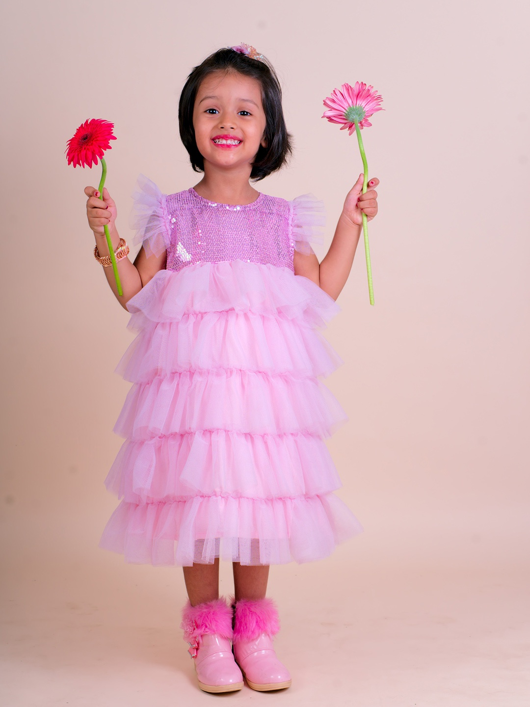 

Little Carrot Pink Net Empire Dress