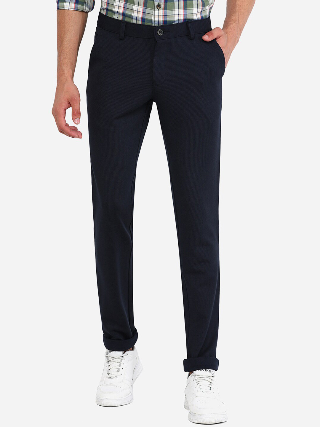 

JADE BLUE Men Blue Slim Fit Pure Cotton Trousers