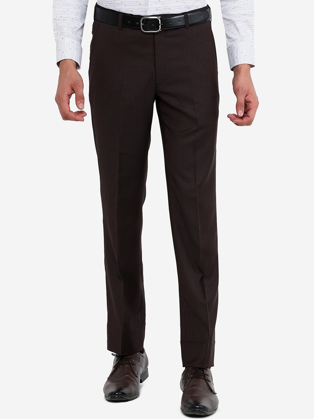 

JADE BLUE Men Brown Solid Wool Slim Fit Formal Trousers