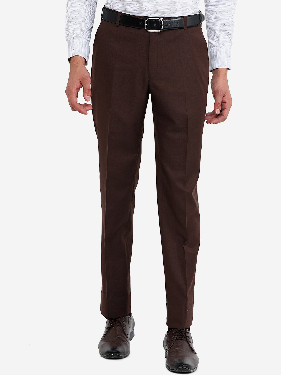 

JADE BLUE Men Brown Regular Fit Solid Cotton Trousers