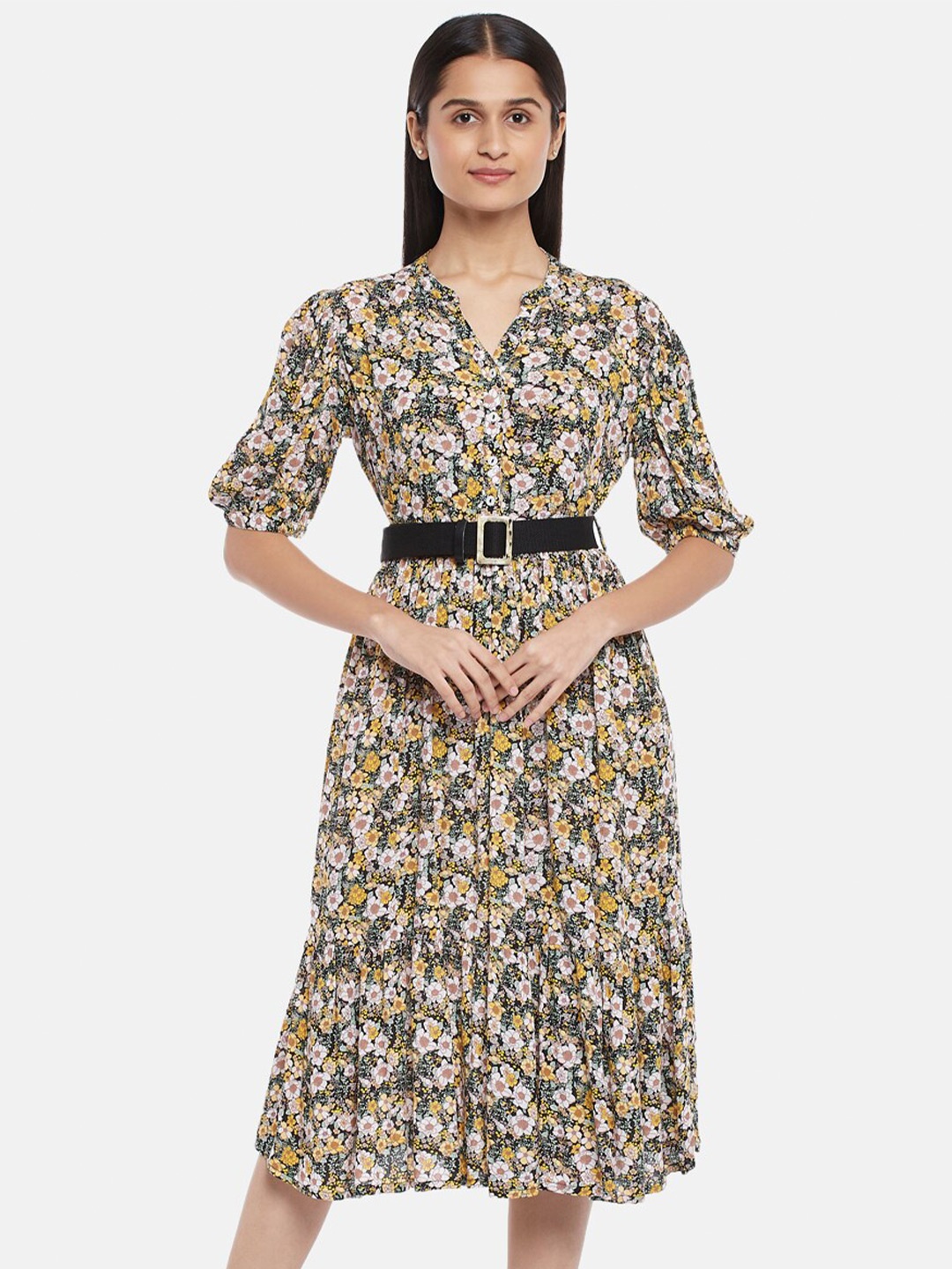 

Honey by Pantaloons Black & Yellow Floral Midi Dress