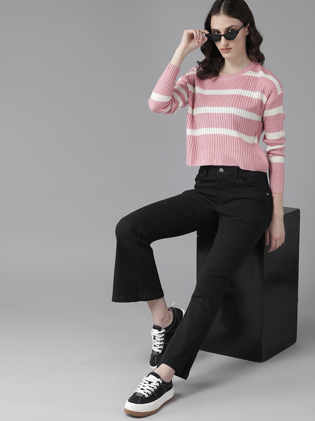 

The Roadster Lifestyle Co. Women Pink & White Striped Acrylic Pullover