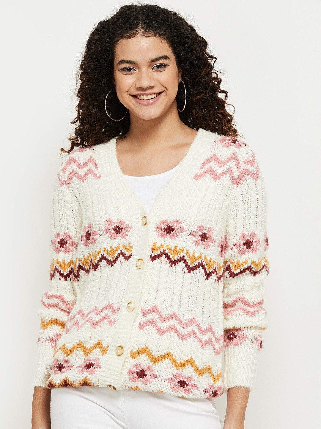 

max Women Cream-Coloured & Pink Floral Printed Acrylic Cardigan
