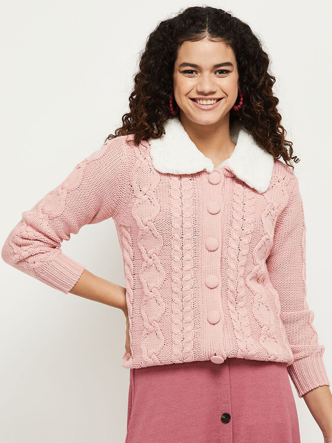 

max Women Pink & White Cable Knit Peter Pan Collar Acrylic Cardigan