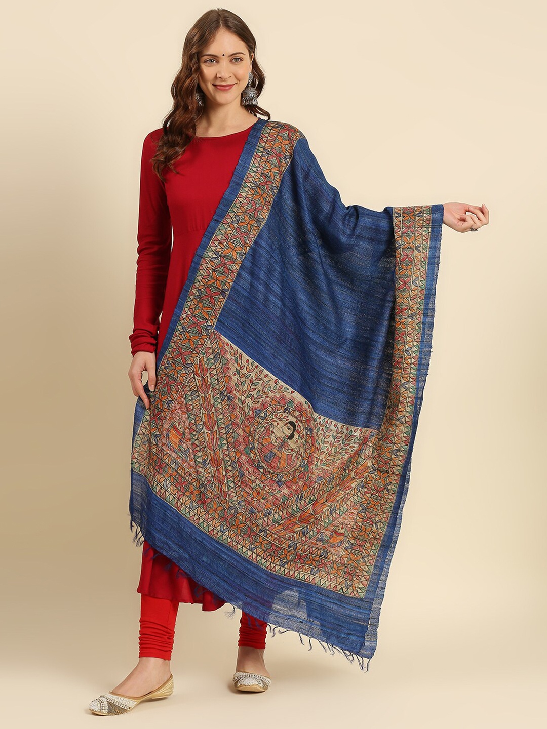 

Dupatta Bazaar Women Blue & Red Ethnic Motifs Printed Pure Silk Dupatta