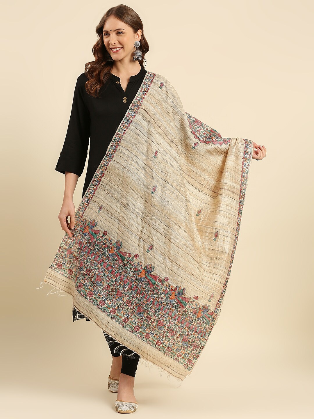 

Dupatta Bazaar Women Beige & Blue Ethnic Motifs Printed Pure Silk Dupatta
