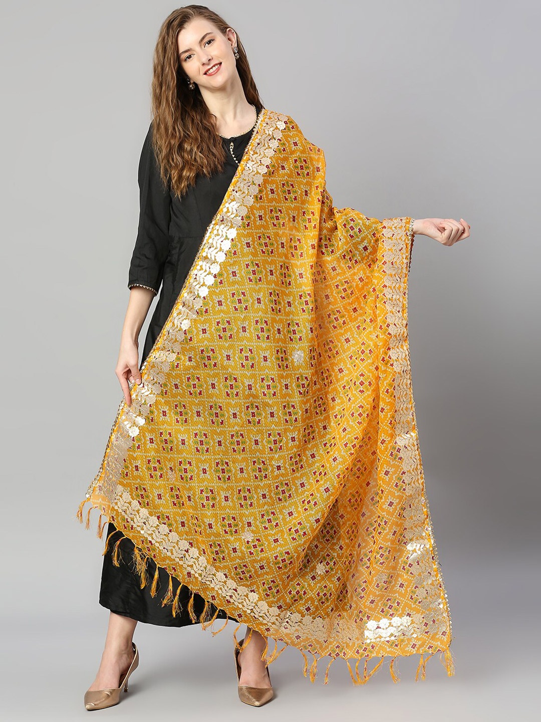 

Dupatta Bazaar Yellow & Pink Ikat Printed Dupatta with Gotta Patti