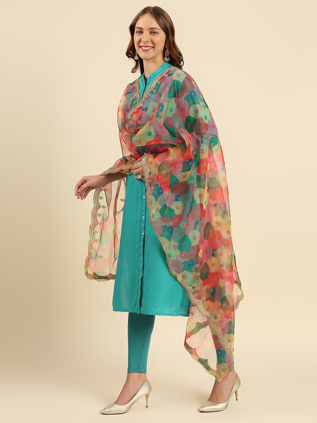 

Dupatta Bazaar Women Pink & Green Printed Organza Dupatta with Embellished border