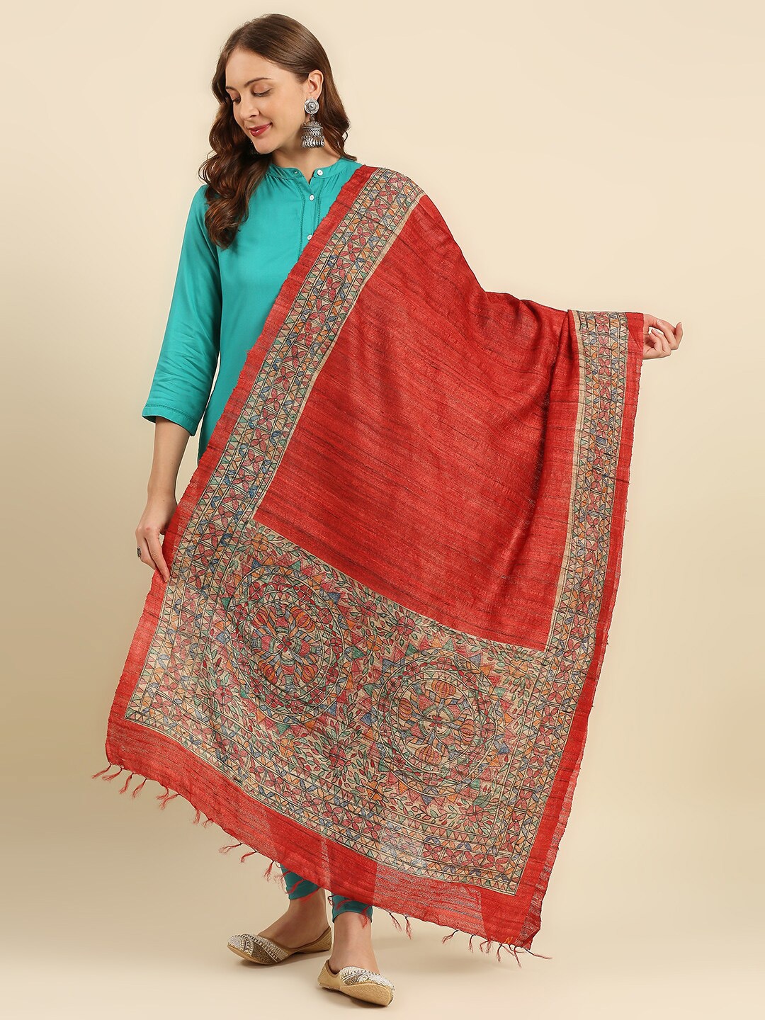

Dupatta Bazaar Women Red & Blue Ethnic Motifs Printed Pure Silk Dupatta