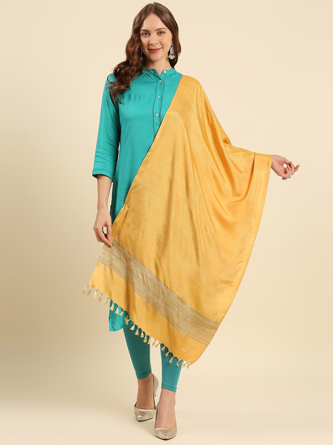 

Dupatta Bazaar Women Yellow & Beige Two Tone Cotton Silk Dupatta