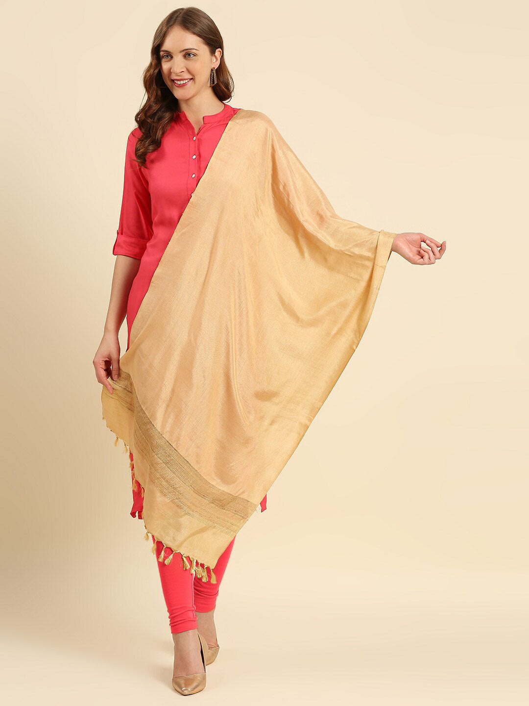 

Dupatta Bazaar Gold-Toned & Beige Woven Design Cotton Silk Dupatta