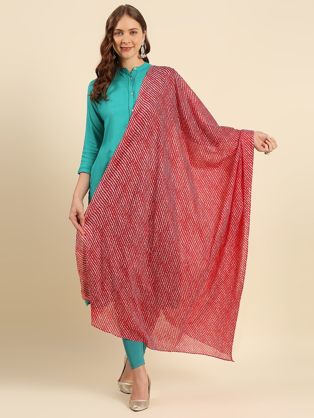 

Dupatta Bazaar Red & White Striped Pure Cotton Dupatta