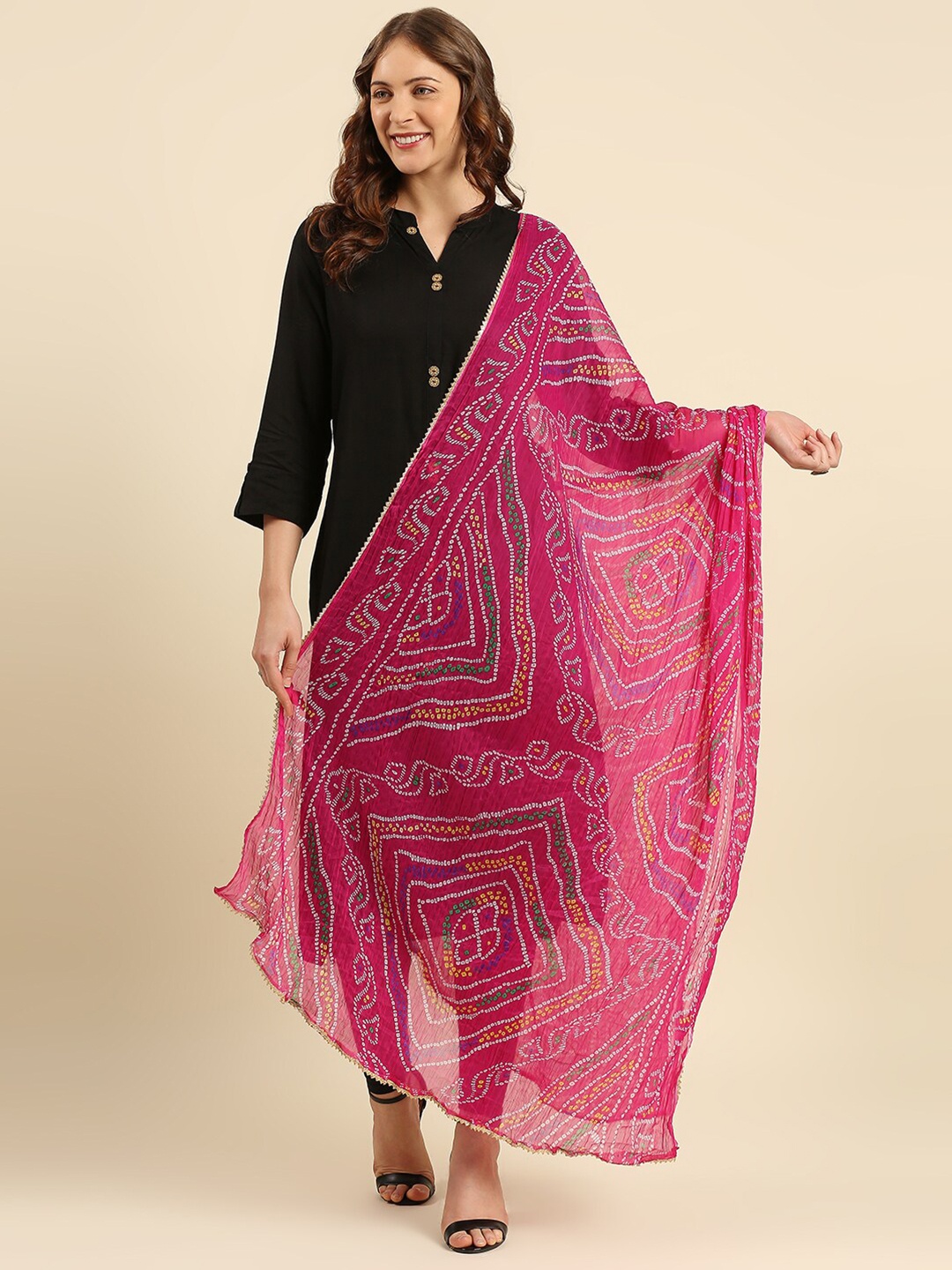 

Dupatta Bazaar Pink & White Printed Bandhani Dupatta