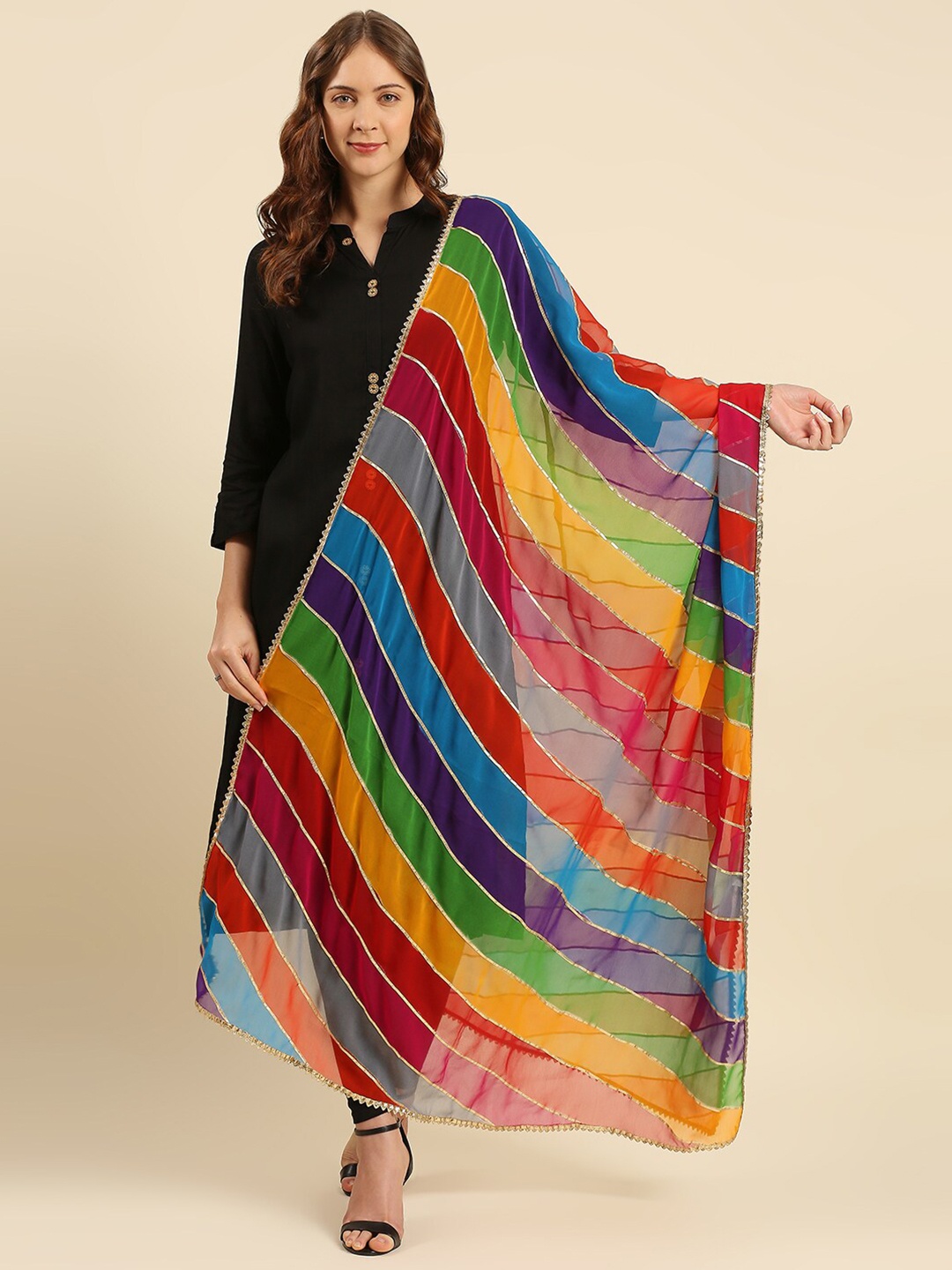 

Dupatta Bazaar Red & Yellow Striped Dupatta with Gotta Patti