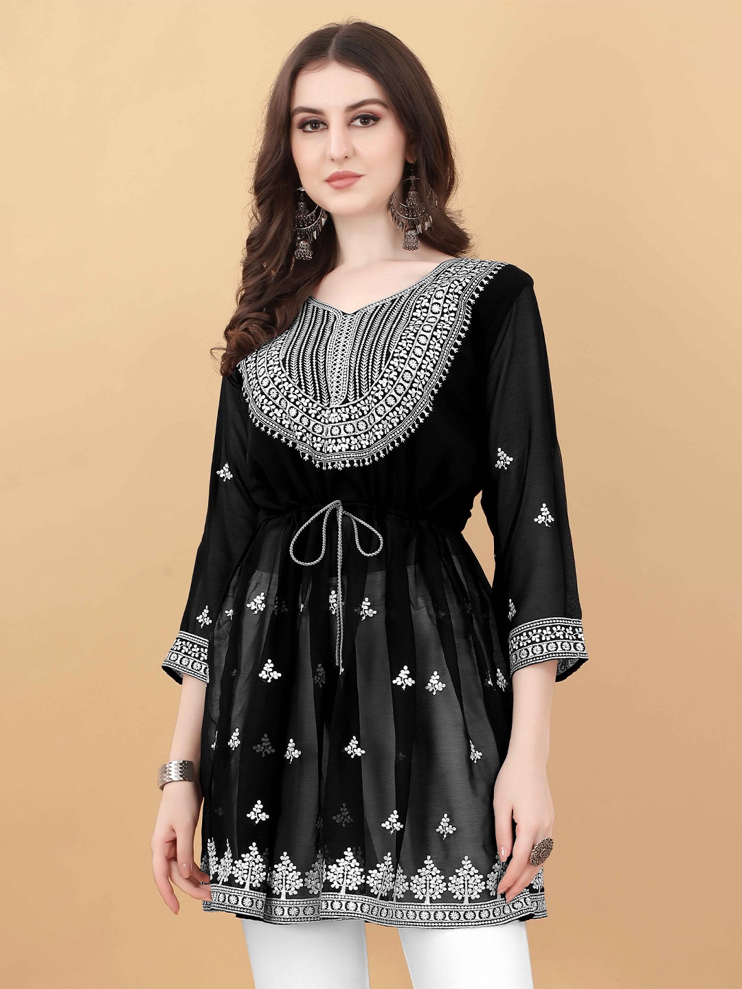 

PRASTHAN Women Black Embroderied Chikankari Work Georgette Longline Top