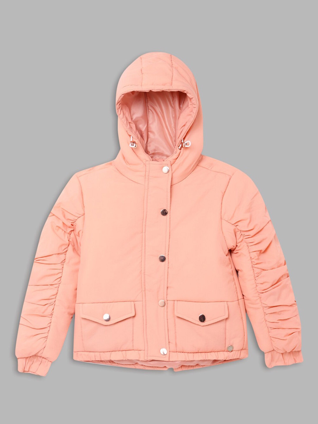 

Blue Giraffe Girls Peach-Coloured Solid Hooded Tailored Jacket