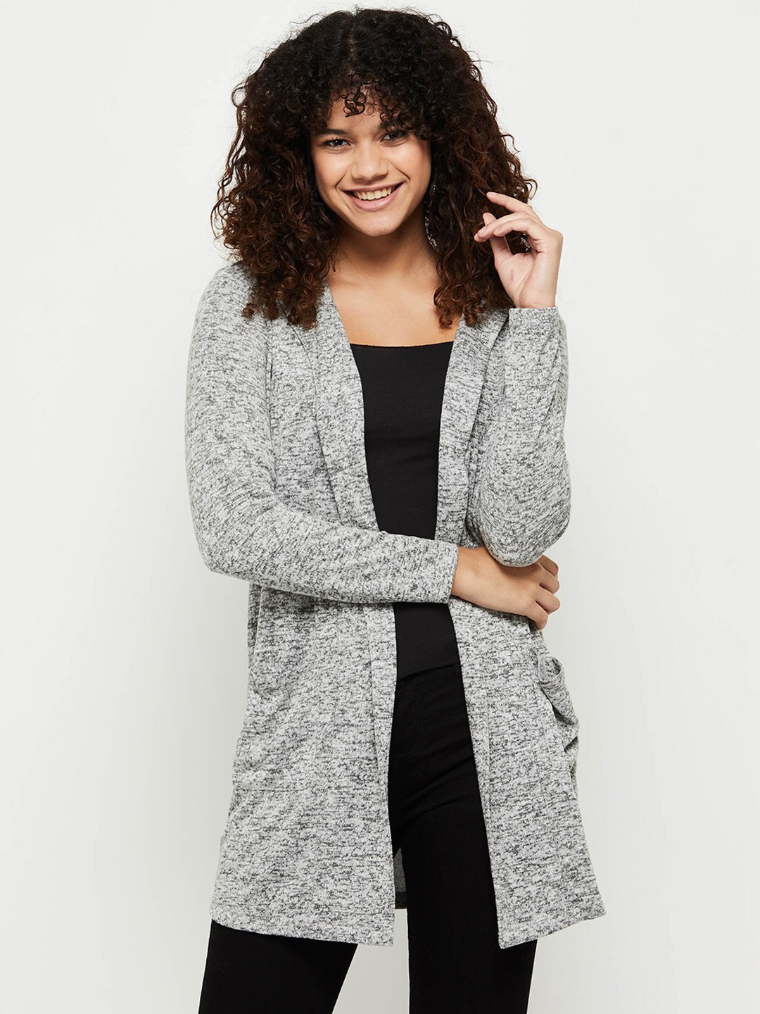 

max Women Grey Melange Solid Longline Shrug