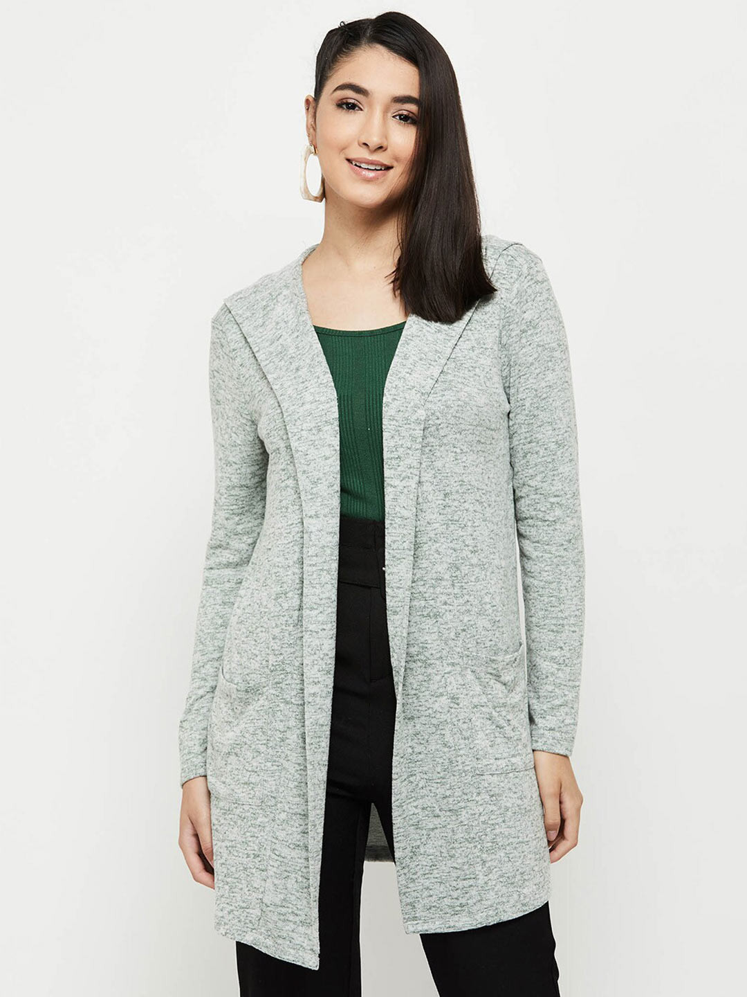 

max Women Green Longline Monochrome Lapel Shrug