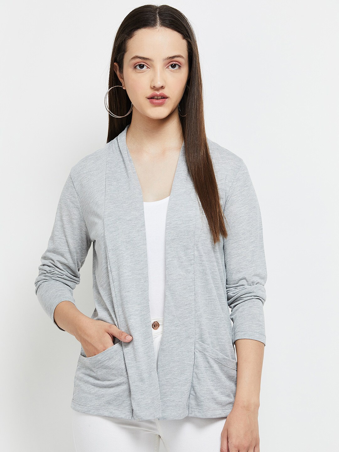 

max Women Grey Melange Solid Open Front Shrug