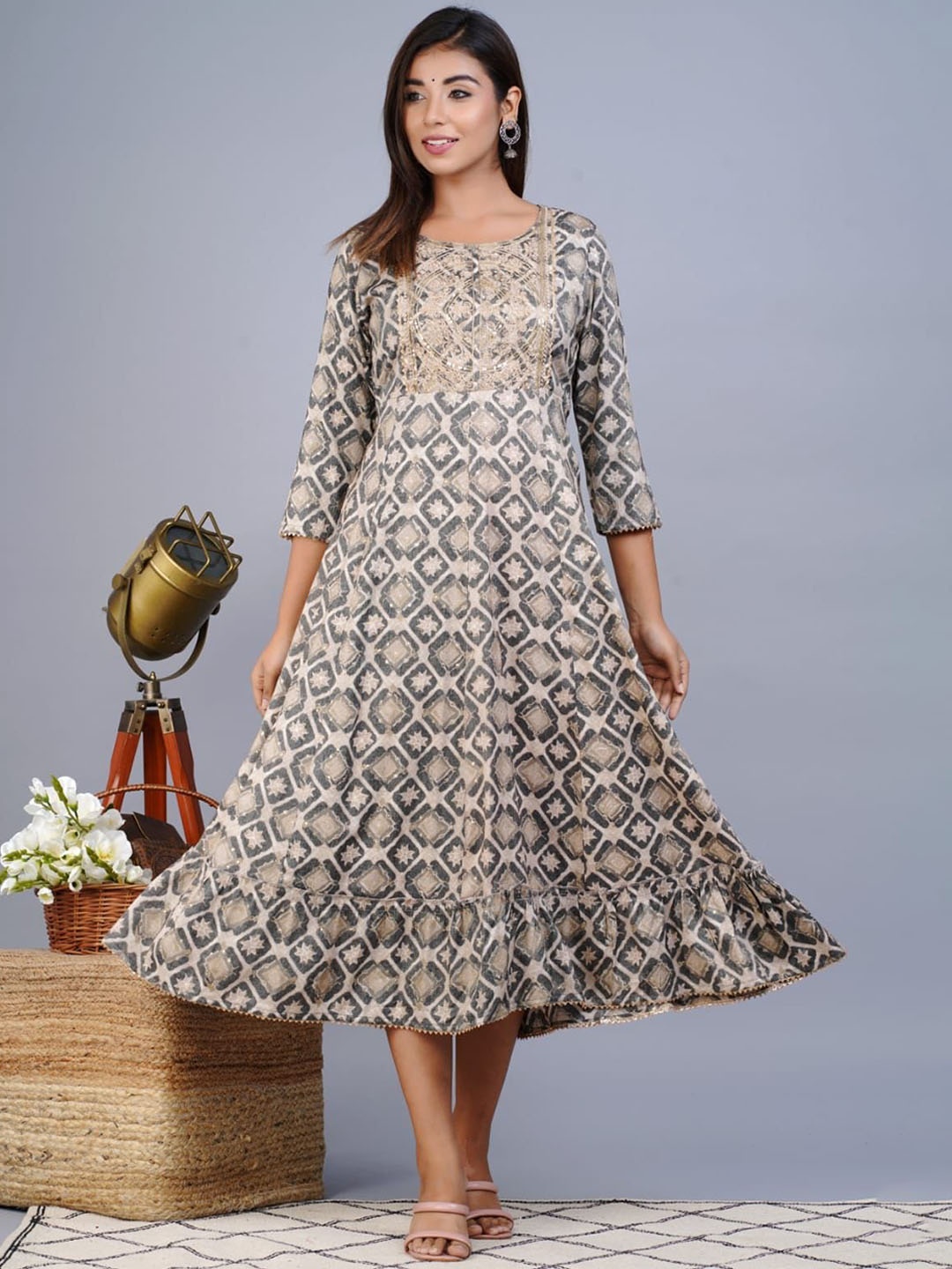 

Juniper Women Grey Floral Printed & Embroidered Flared Midi Ethnic Dresses