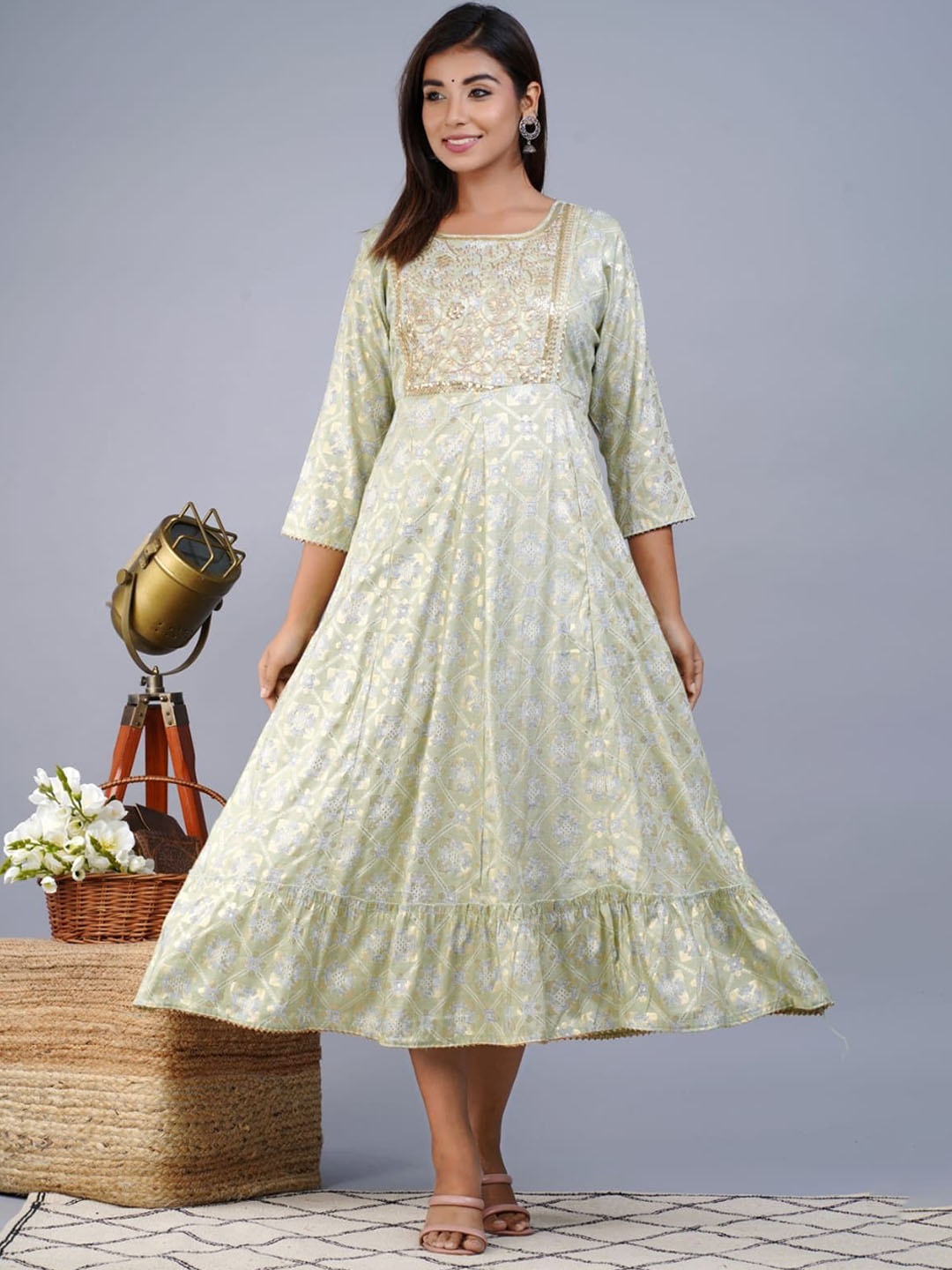 

Juniper Women Green Yoke Embellished Flared Ethnic Dresses