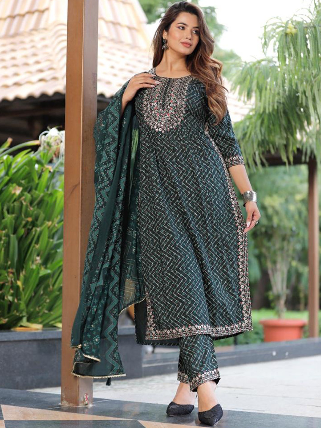 

Juniper Women Green Printed Sequinned Kurta with Trouser & With Dupatta Set
