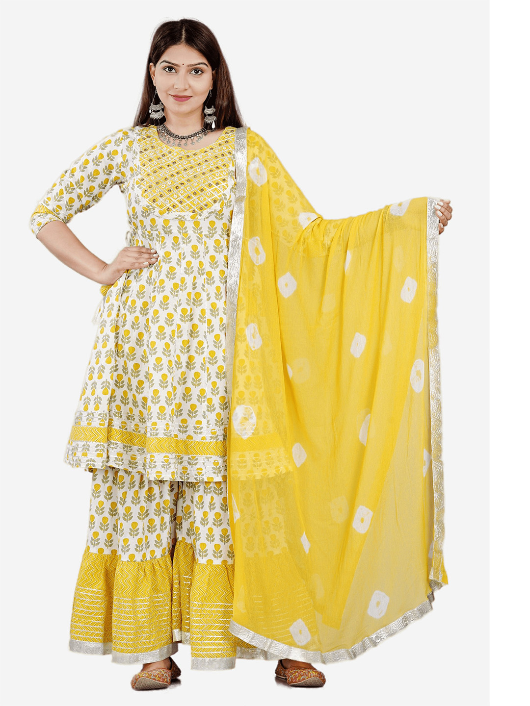 

HIGHLIGHT FASHION EXPORT Women Yellow Floral Printed Beads and Stones Pure Cotton Kurta with Sharara & With