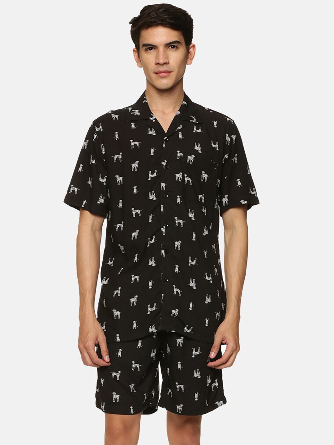 

DON VINO Men Black & White Printed Pure Cotton Night suit