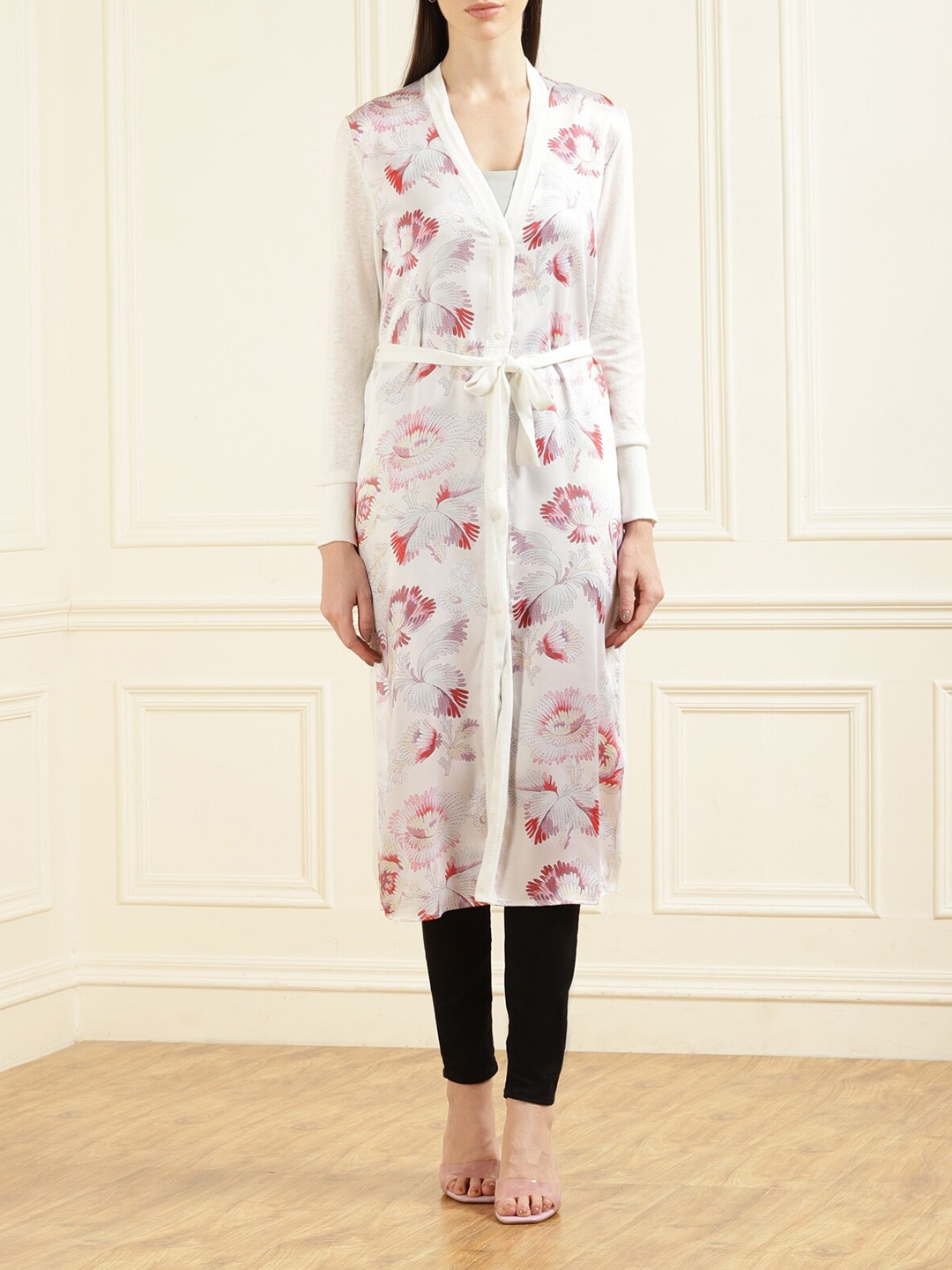 

Ted Baker Women Off White & Pink Floral Printed Longline Cardigan with Belted Detail