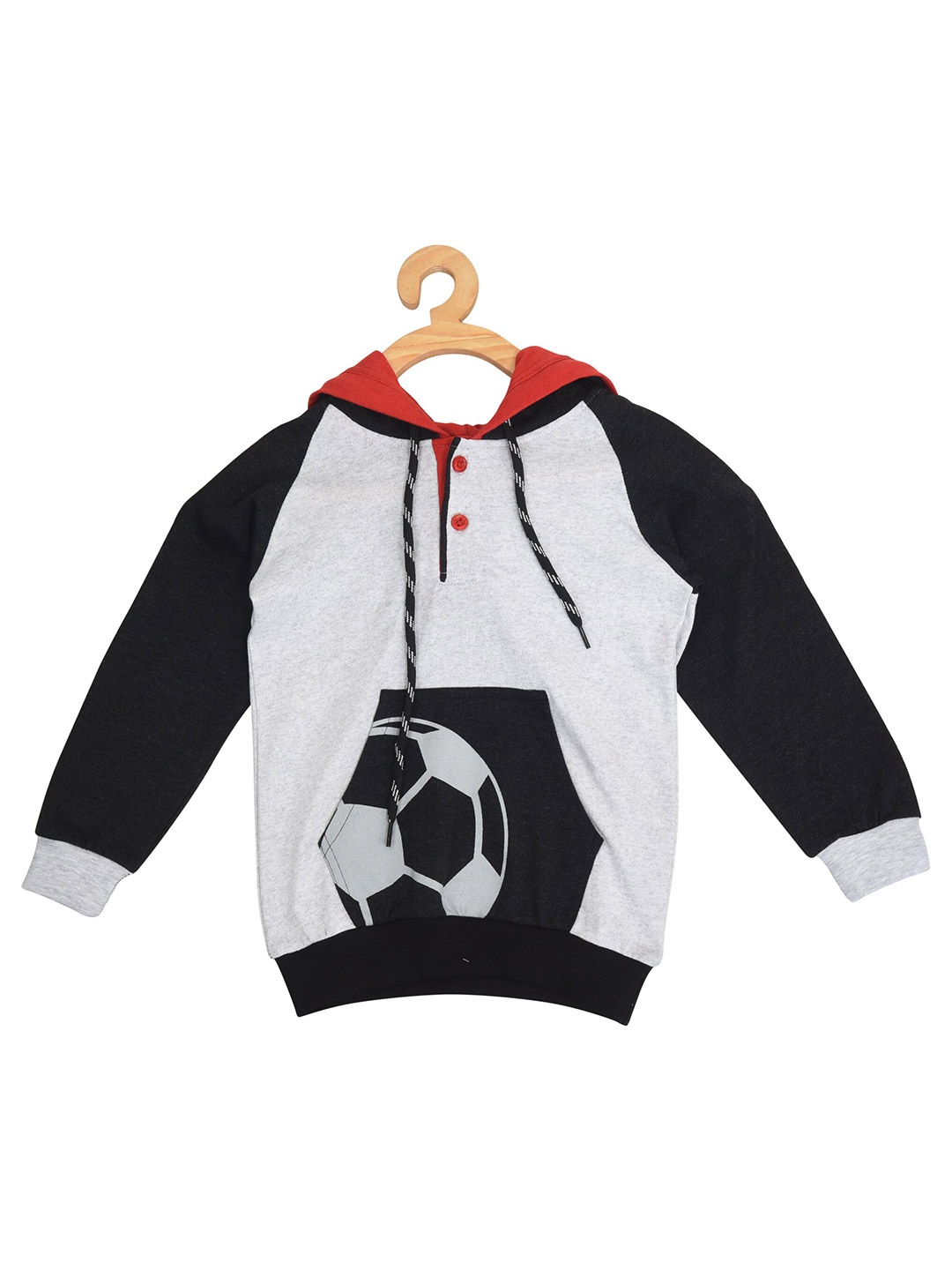 

POMY & JINNY Boys Grey Melange & Black Printed Hooded Sweatshirt