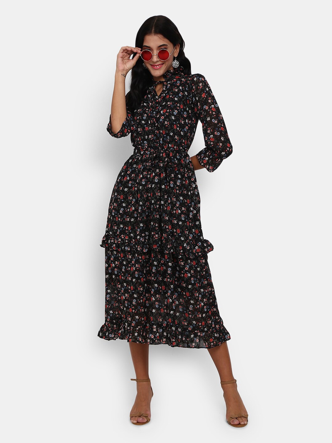 

V-Mart Black Floral Tie-Up Neck Tiered Cotton A-Line Midi Dress