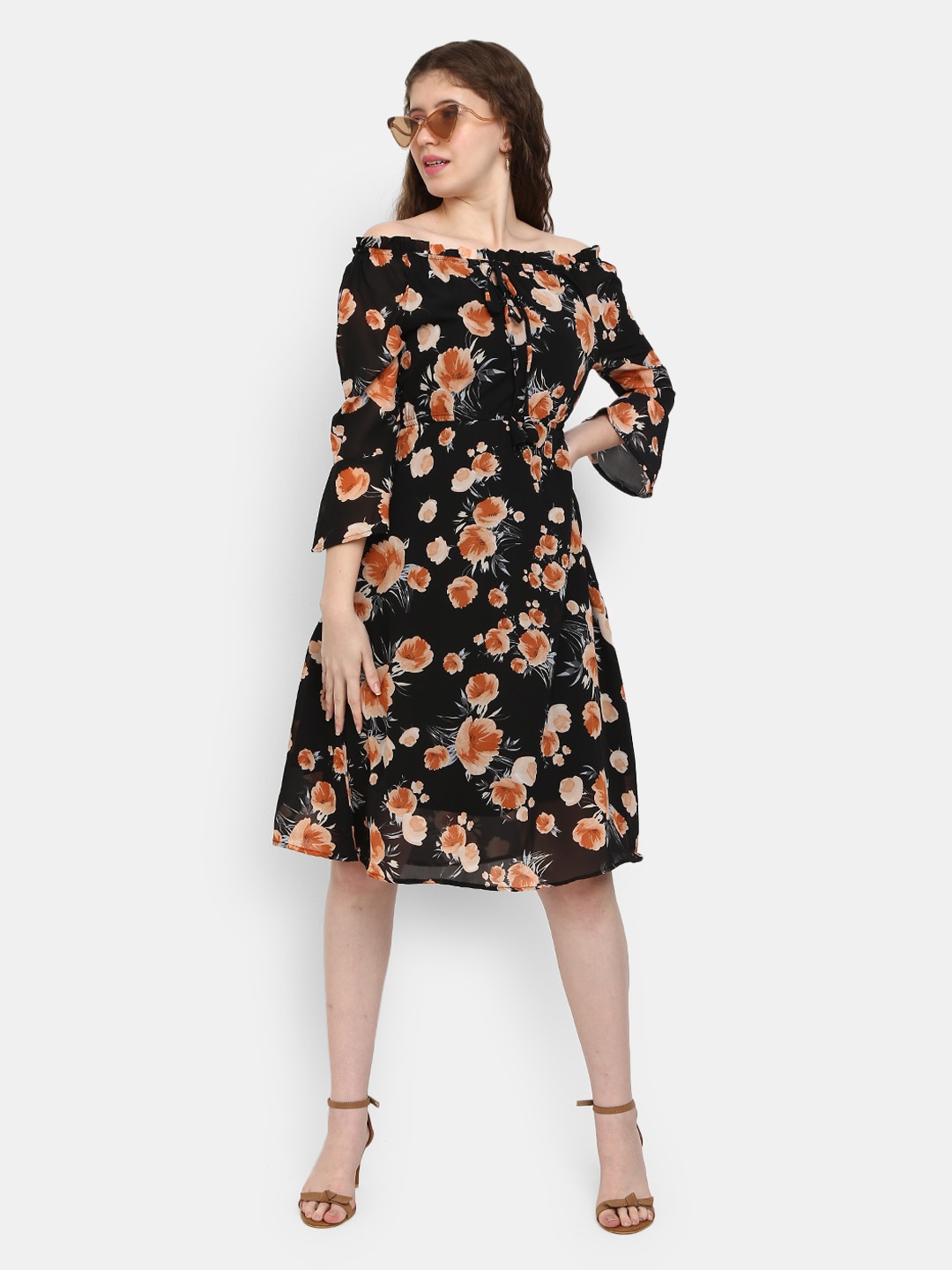 

V-Mart Black Floral Off-Shoulder A-Line Dress