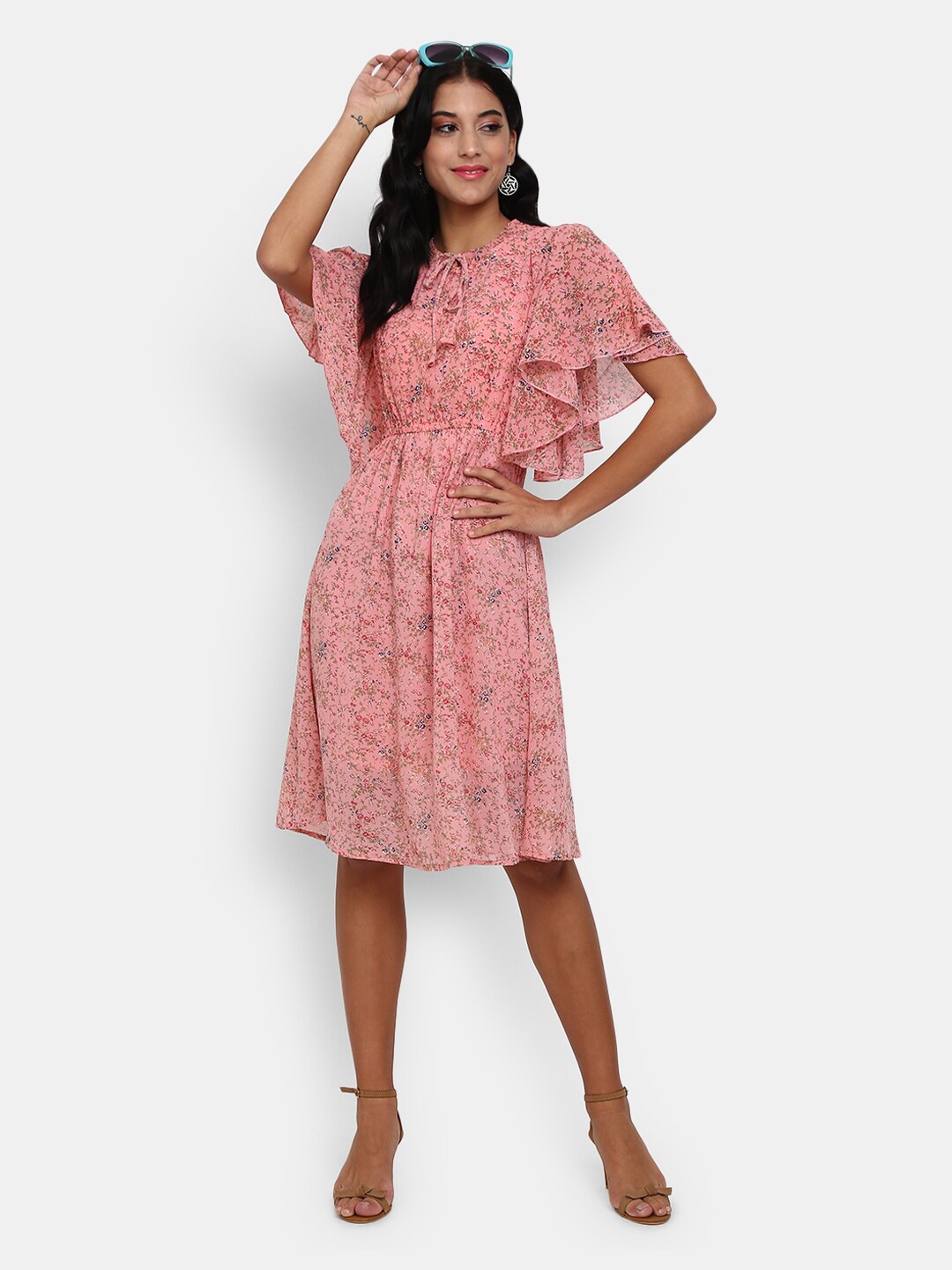 

V-Mart Pink Floral Printed Tie-Up Neck Dress